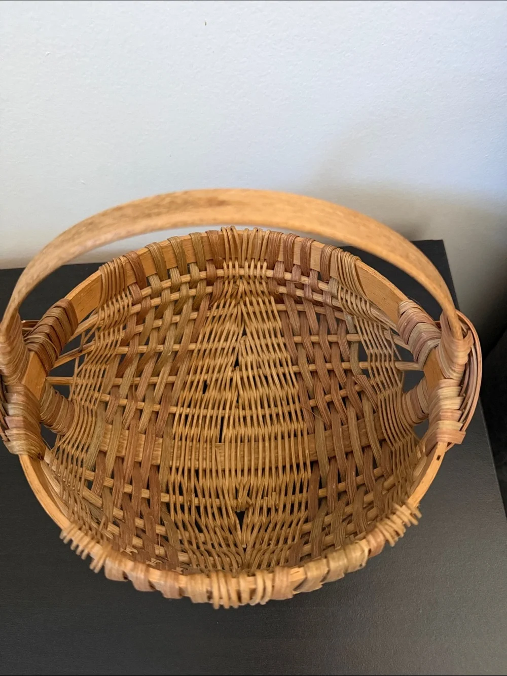 Vintage Round Bottom Woven Wicker Basket with Wooden Handle